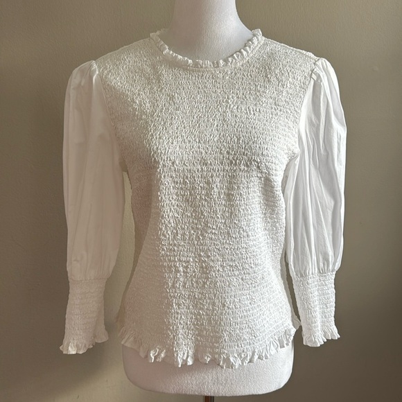 Veronica Beard Kali Smocked White Top Long Puff Sleeve Casual Blouse Size 10 - Picture 4 of 15